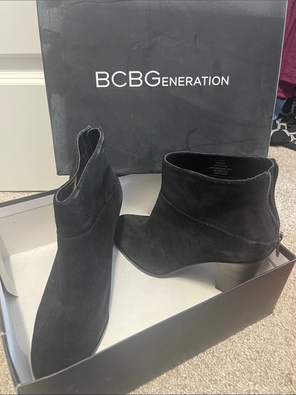 BCBGeneration Black Suede Ankle Booties with Low Block Heel